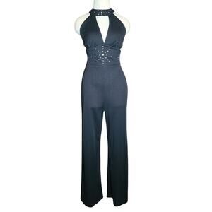 Vtg 70s Black Halter Jumpsuit Wide Flare SM Waist 25" Bust 30" Rhinestone Disco